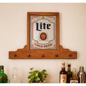 Vintage Miller Lite Beer Bar Mirror/Sign W/ Peg Shelf Attached 35"x25" Lg Retro